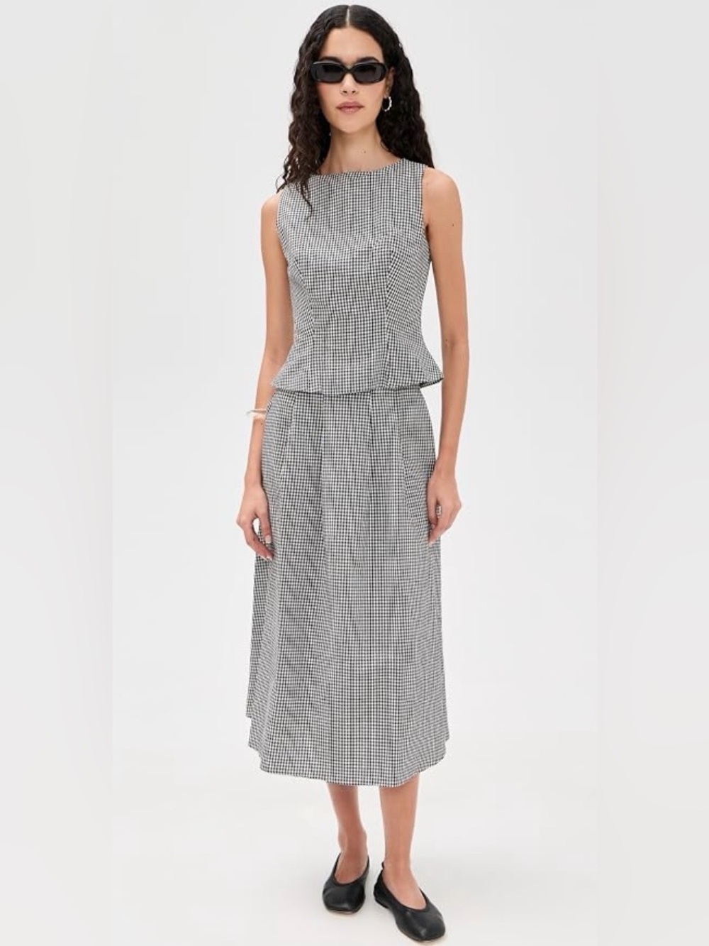 Black and White Checked Midi Skirt Set — Tailored Sleeveless Top & Skirt